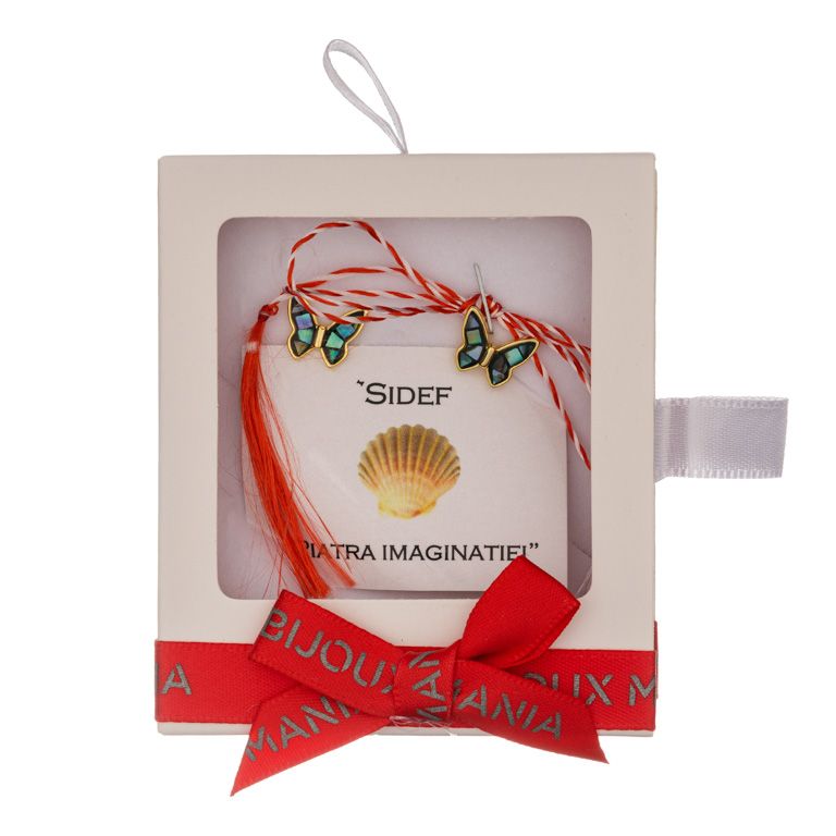 Martisor cercei surub cupru placat auriu sidef multicolor fluture