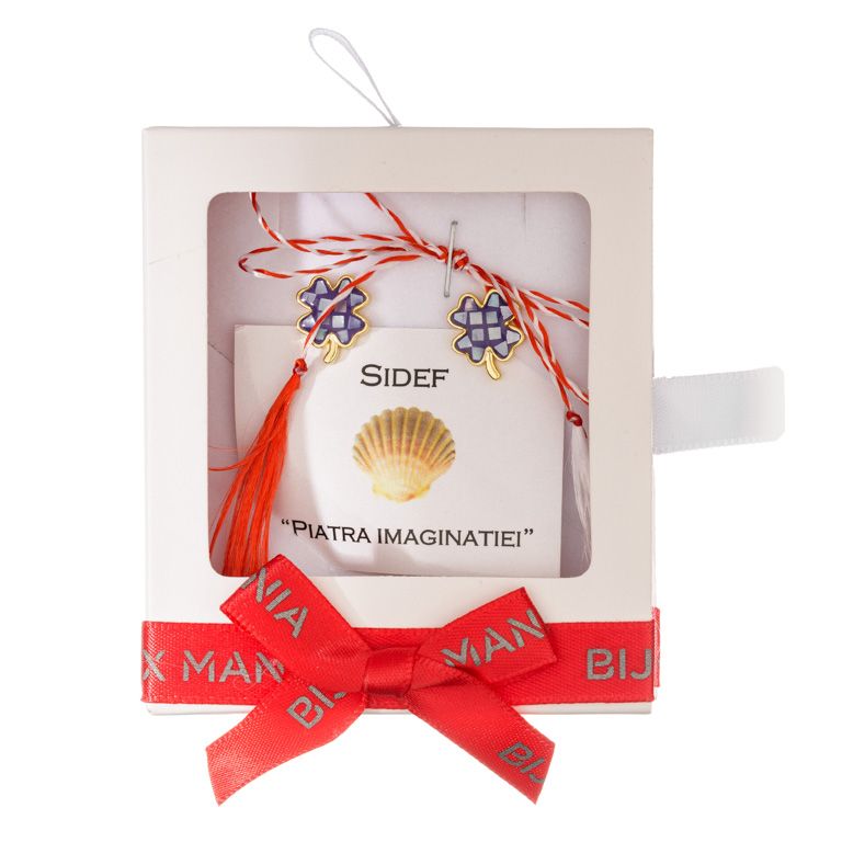 Martisor cercei surub cupru placat auriu sidef violet trifoi