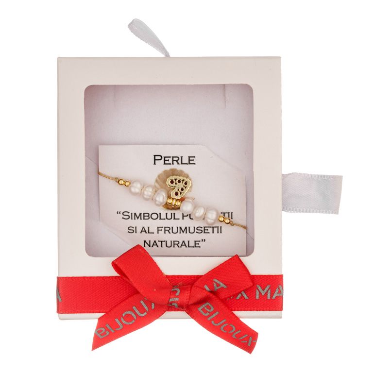 Martisor bratara cupru placat auriu perle alb 4-5 mm charm inima zirconiu siclam