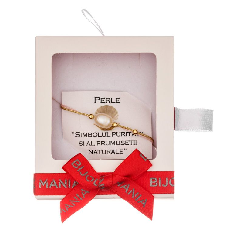 Martisor bratara cupru placat auriu perla alb bob 7x9 mm fir roz