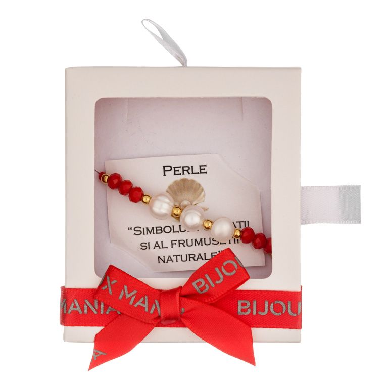 Martisor bratara cupru placat auriu perle alb 6-7 mm discuri sticla rosu bile 3 mm