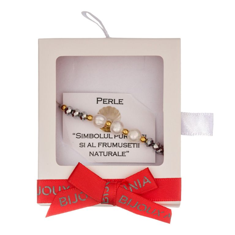 Martisor bratara cupru placat auriu perle alb 6-7 mm discuri sticla argintiu bile 3 mm