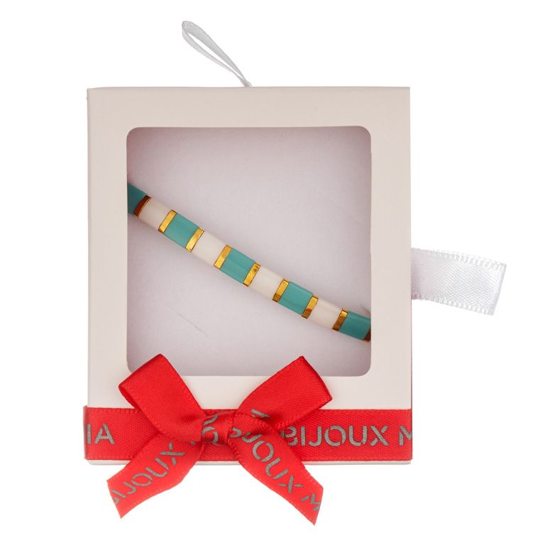 Martisor bratara cupru placat auriu Miyuki patrat alb bleu auriu