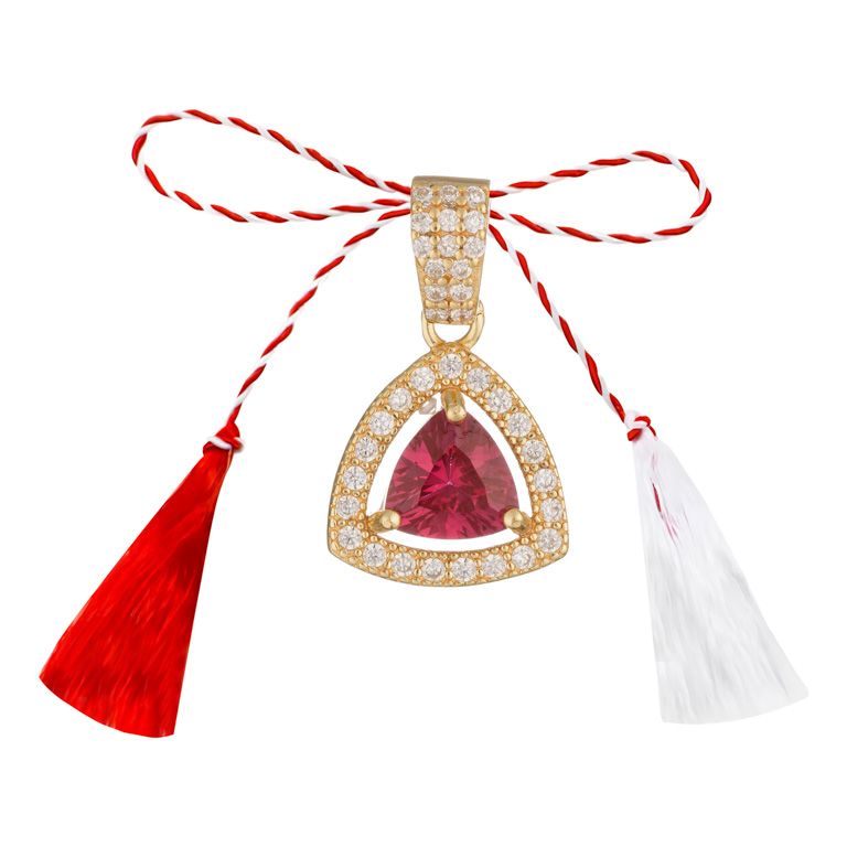 Martisor pandantiv argint placat aur 14K triunghi rotunjit briliant zirconiu fucsia si alb