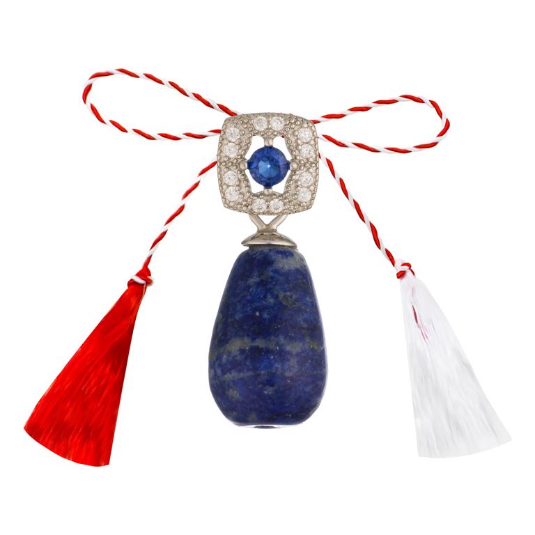 Martisor prindere pandantiv argint placat rodiu patrat rotunjit zirconiu albastru si alb lapis lazuli picaturi 8x12 mm