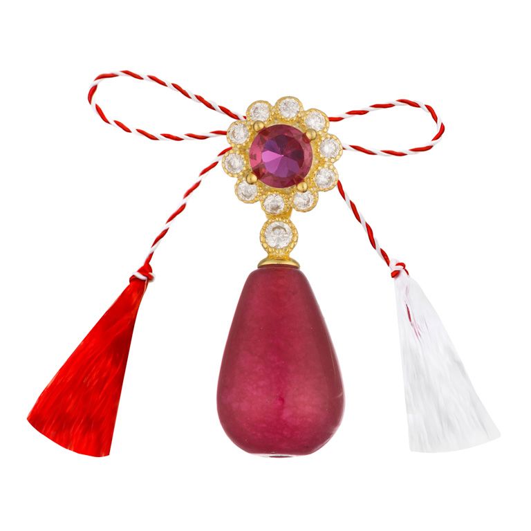 Martisor prindere pandantiv argint placat aur 14K floare 10 petale zirconiu fuxia si alb jad visiniu picaturi 9x13 mm